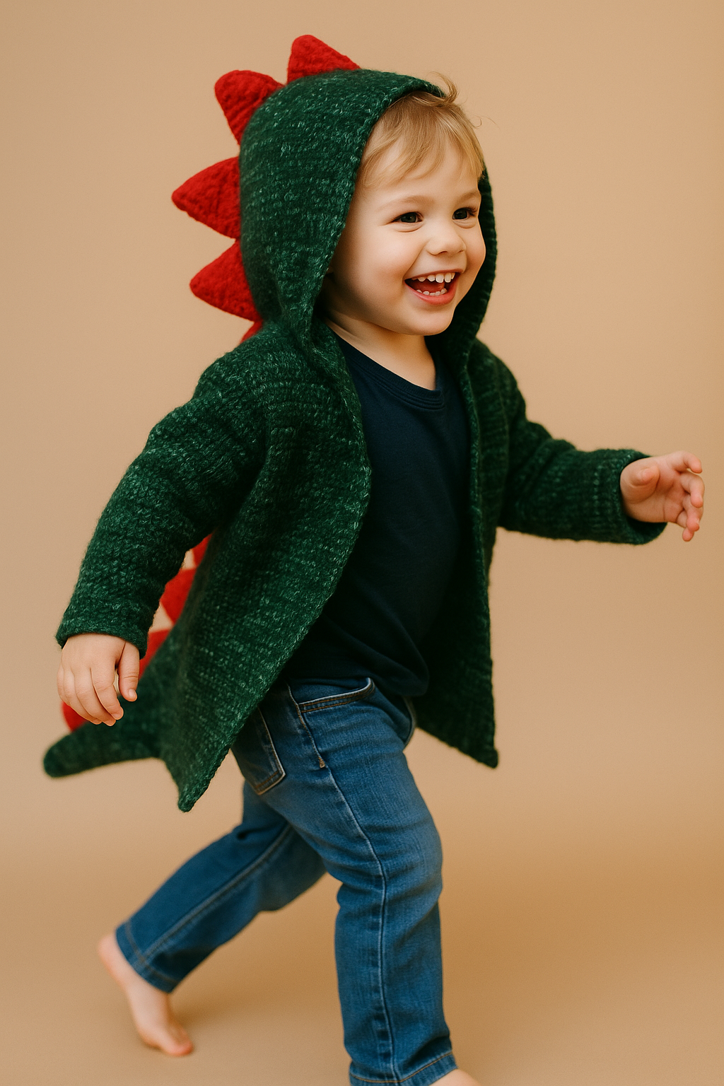 Bambino che indossa il gilet dinosauro all'uncinetto
